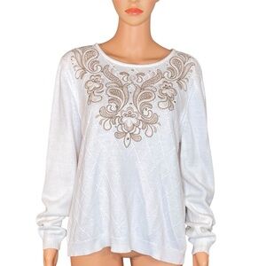Alfred Dunner Elegant White Embroidered Women's Sweater Top